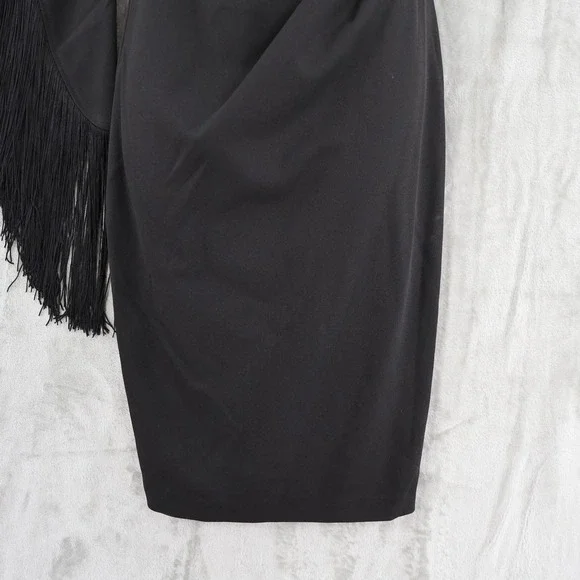 AQUA One Shoulder Fringed Sleeve Sheath Dress Womens 6 Black Formal Holiday NWT - Picture 8 of 16